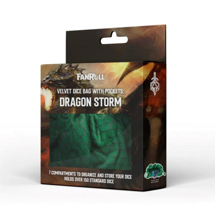 Velvet Compartment Dice Bag with Pockets - Dragon Storm - Green Dragon Scales (MDG)